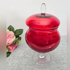 Vintage Ruby Red Blown Cranberry‎ Glass Pedestal Candy Dish With Lid